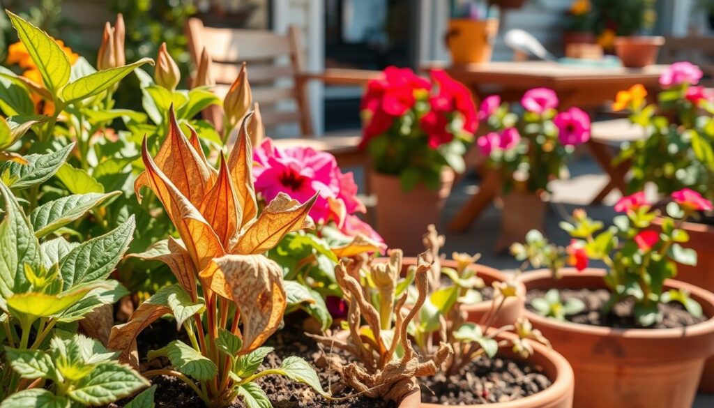 A vibrant container garden scene illustrating why plants dry out quickly, featuring a close-up of wilted leaves on colorful flowering plants in terracotta pots. The foreground showcases a variety of plants, with some showing signs of drought, such as drooping stems and dry soil. In the middle, lush green and bright blossoms contrast against the faded foliage, emphasizing the impact of sun exposure and insufficient watering. The background displays a sunny patio with a wooden table and gardening tools, bathed in soft, warm sunlight, creating an inviting atmosphere. The composition captures the essence of summer gardening challenges, with a focus on the contrast between thriving and struggling plants, evoking a mood of concern and urgency. The image employs natural light for a warm, airy feel.