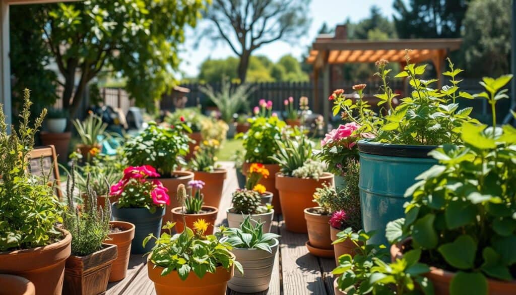 A vibrant container garden showcasing a variety of plants suitable for different climates. In the foreground, an assortment of colorful pots filled with lush herbs, vibrant flowers, and leafy greens, arranged on a rustic wooden patio. The middle ground features a mix of container sizes, including ceramic and wooden, with plants thriving in bright sunlight, highlighting their textures and colors. The background is a blurred view of a sunny backyard, with trees and a clear blue sky, creating an airy and inviting atmosphere. Soft sunlight casts gentle shadows, emphasizing the details of the plants. The overall mood is peaceful and inspiring, inviting viewers to explore the possibilities of container gardening in any climate. A vibrant container garden showcasing a variety of plants suitable for different climates. In the foreground, an assortment of colorful pots filled with lush herbs, vibrant flowers, and leafy greens, arranged on a rustic wooden patio. The middle ground features a mix of container sizes, including ceramic and wooden, with plants thriving in bright sunlight, highlighting their textures and colors. The background is a blurred view of a sunny backyard, with trees and a clear blue sky, creating an airy and inviting atmosphere. Soft sunlight casts gentle shadows, emphasizing the details of the plants. The overall mood is peaceful and inspiring, inviting viewers to explore the possibilities of container gardening in any climate.