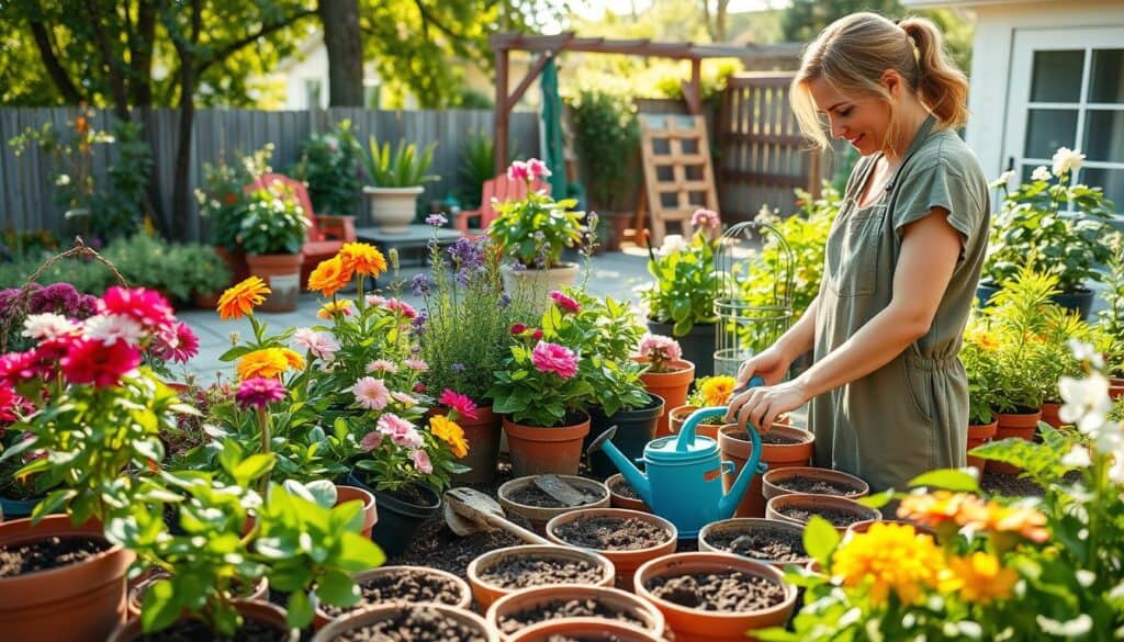 A vibrant container garden thriving in a backyard setting, showcasing seasonal maintenance activities. In the foreground, a gardener in modest casual clothing carefully examines colorful flowers in various-sized pots filled with rich soil. The middle ground features an array of lush greenery and blooming plants, with a watering can and gardening tools artfully arranged. In the background, a sunlit patio with wooden furniture and greenery creates an inviting atmosphere. Natural light filters through trees, casting soft shadows and giving the scene a warm, serene feel. The overall mood is uplifting and encouraging, highlighting the joys of container gardening while emphasizing sustainable practices for long-term savings.
