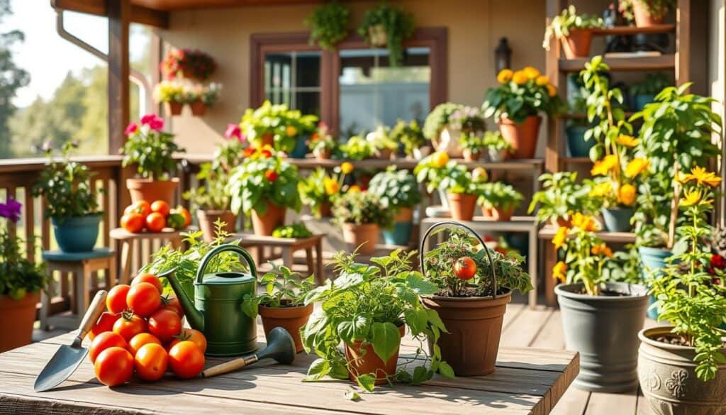 A vibrant container gardening scene on a sunny patio, showcasing various colorful plants and vegetables like tomatoes, peppers, and herbs in decorative pots. In the foreground, focus on a well-arranged wooden table filled with essential gardening tools such as a trowel, watering can, and gardening gloves. The middle ground features an array of lush potted plants, beautifully arranged on shelves and the ground, basking in soft, natural sunlight, highlighting their green leaves and bright blooms. The background reveals a cozy deck with wooden railings, offering a glimpse of a serene garden. The atmosphere is lively and inviting, with an emphasis on the joys of container gardening, captured in bright, warm lighting for an uplifting feel. A vibrant container gardening scene on a sunny patio, showcasing various colorful plants and vegetables like tomatoes, peppers, and herbs in decorative pots. In the foreground, focus on a well-arranged wooden table filled with essential gardening tools such as a trowel, watering can, and gardening gloves. The middle ground features an array of lush potted plants, beautifully arranged on shelves and the ground, basking in soft, natural sunlight, highlighting their green leaves and bright blooms. The background reveals a cozy deck with wooden railings, offering a glimpse of a serene garden. The atmosphere is lively and inviting, with an emphasis on the joys of container gardening, captured in bright, warm lighting for an uplifting feel.