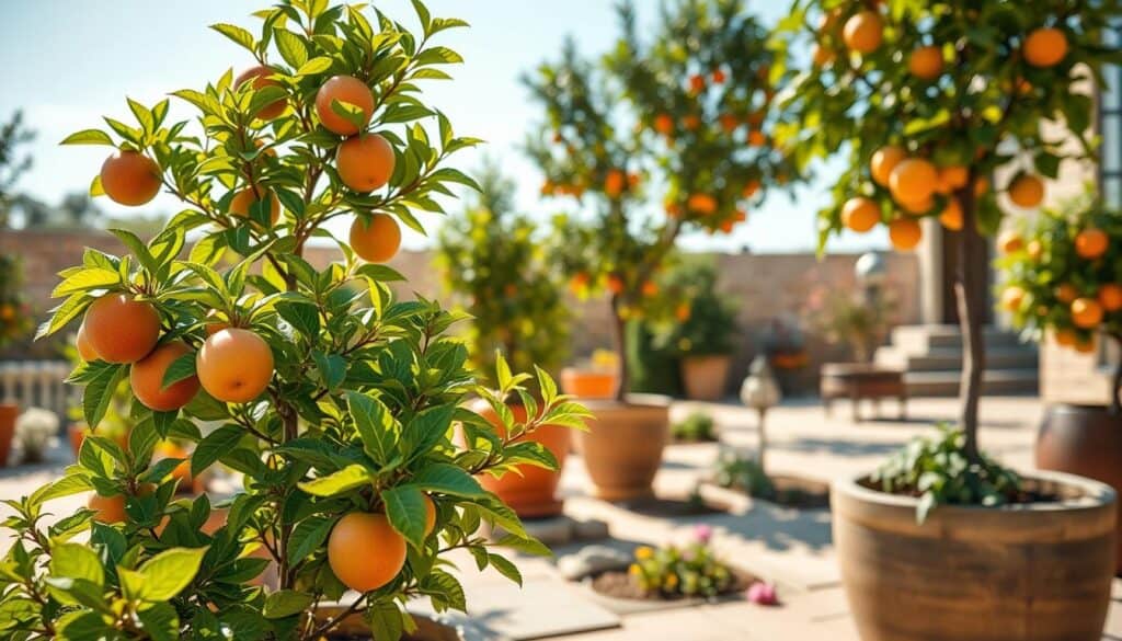 A vibrant container gardening scene showcasing a variety of compact fruit trees such as dwarf apple and citrus trees, prominently displayed in large, beautifully crafted wooden planters. In the foreground, focus on the lush green leaves and ripe fruits, highlighting their textures and colors. The middle ground features a sunny patio setting, adorned with decorative stones and small flowering plants that enhance the gardening theme. In the background, a sunny sky bathes the scene in soft sunlight, creating a bright, inviting atmosphere. The image should capture the essence of a fruitful oasis, perfect for fruit lovers, with a warm and cheerful mood reflecting the joys of successful container gardening. Use a wide-angle lens to emphasize depth and narrow depth of field to focus on the trees, with a soft bokeh background for a dreamy effect. A vibrant container gardening scene showcasing a variety of compact fruit trees such as dwarf apple and citrus trees, prominently displayed in large, beautifully crafted wooden planters. In the foreground, focus on the lush green leaves and ripe fruits, highlighting their textures and colors. The middle ground features a sunny patio setting, adorned with decorative stones and small flowering plants that enhance the gardening theme. In the background, a sunny sky bathes the scene in soft sunlight, creating a bright, inviting atmosphere. The image should capture the essence of a fruitful oasis, perfect for fruit lovers, with a warm and cheerful mood reflecting the joys of successful container gardening. Use a wide-angle lens to emphasize depth and narrow depth of field to focus on the trees, with a soft bokeh background for a dreamy effect.