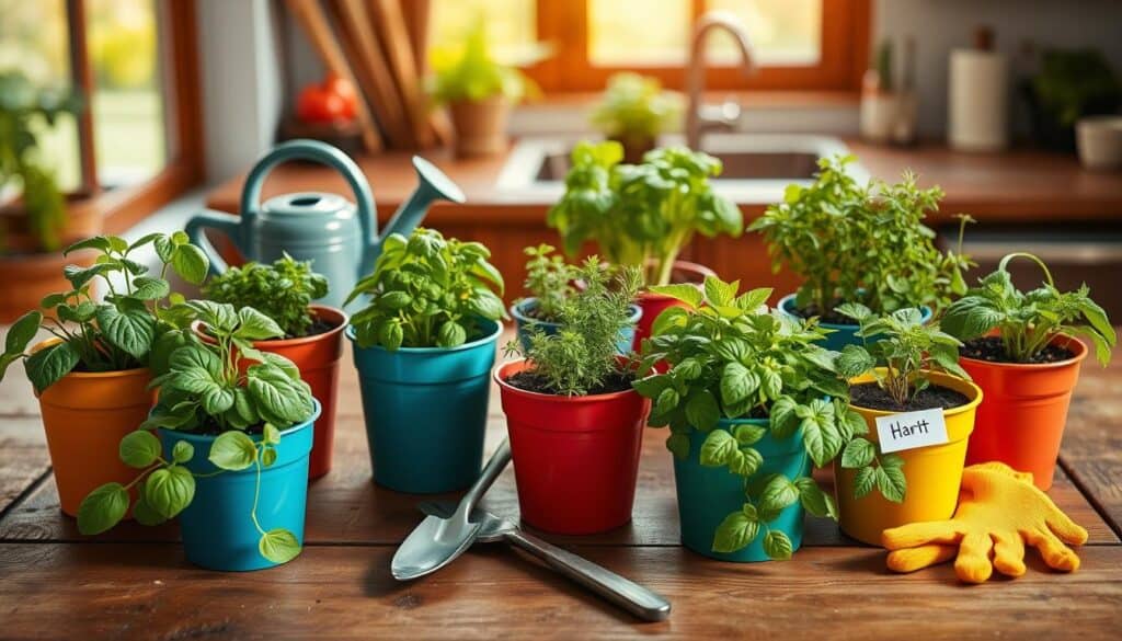 A vibrant container herb garden set on a rustic wooden table, showcasing an array of potted herbs such as basil, mint, and rosemary. In the foreground, colorful ceramic pots are filled with fresh green herbs, designated labels nestled in the soil. The middle ground features a watering can, small trowel, and gardening gloves, emphasizing essential supplies for beginners. The background includes a softly blurred sunny kitchen window, letting in warm, natural light that highlights the lush greenery. The scene conveys a cheerful, inviting atmosphere, perfect for inspiring new gardeners. Capture the image from a slight overhead angle to encompass the arrangement, ensuring a bright, airy feel without any text or watermarks. A vibrant container herb garden set on a rustic wooden table, showcasing an array of potted herbs such as basil, mint, and rosemary. In the foreground, colorful ceramic pots are filled with fresh green herbs, designated labels nestled in the soil. The middle ground features a watering can, small trowel, and gardening gloves, emphasizing essential supplies for beginners. The background includes a softly blurred sunny kitchen window, letting in warm, natural light that highlights the lush greenery. The scene conveys a cheerful, inviting atmosphere, perfect for inspiring new gardeners. Capture the image from a slight overhead angle to encompass the arrangement, ensuring a bright, airy feel without any text or watermarks.