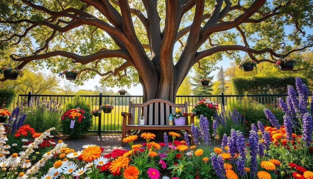 A vibrant, creatively landscaped garden surrounding a majestic tree, showcasing various colorful plants and flowers in the foreground, such as blooming daisies, marigolds, and lavender. The middle ground features a rustic wooden bench beneath the tree, with hanging flower pots and tealights, exuding a cozy ambiance. In the background, a soft-focus view of a sunny blue sky accentuates the scene, with gentle sunlight filtering through the leaves, creating dappled shadows on the ground. The atmosphere is cheerful and inviting, perfect for relaxation. Captured with a wide-angle lens to encompass the entire garden, emphasize the vivid colors, and showcase the harmonious blend of nature and creativity in garden design.