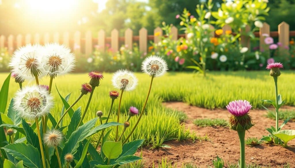 A vibrant, detailed illustration showcasing common backyard weeds found in a garden setting. In the foreground, a close-up of various common weeds such as dandelions, clover, and thistles, with intricate details of leaves and flowers. The mid-ground features a lush, green lawn with patches of dirt, indicative of a well-maintained garden. In the background, a faint outline of a wooden fence and flowering plants under bright, soft sunlight creates a warm atmosphere. The entire scene is captured from a slightly elevated angle, giving viewers a clear, informative perspective. The mood is educational yet inviting, perfect for a garden enthusiast. A vibrant, detailed illustration showcasing common backyard weeds found in a garden setting. In the foreground, a close-up of various common weeds such as dandelions, clover, and thistles, with intricate details of leaves and flowers. The mid-ground features a lush, green lawn with patches of dirt, indicative of a well-maintained garden. In the background, a faint outline of a wooden fence and flowering plants under bright, soft sunlight creates a warm atmosphere. The entire scene is captured from a slightly elevated angle, giving viewers a clear, informative perspective. The mood is educational yet inviting, perfect for a garden enthusiast.