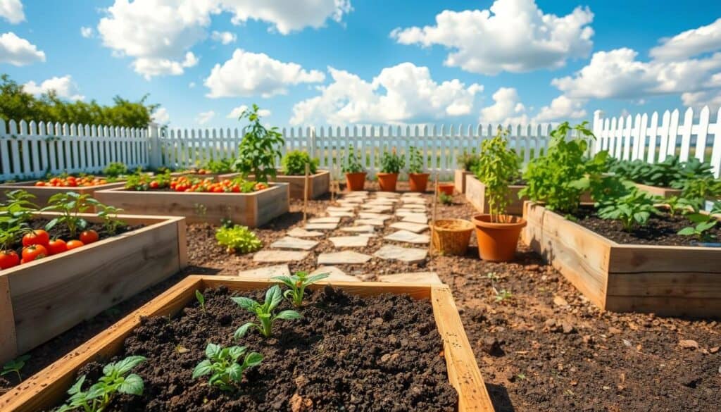 A vibrant, detailed layout of a raised garden bed designed for vegetables, showcasing multiple raised beds in a grid pattern filled with various plants like tomatoes, carrots, and leafy greens. In the foreground, a wooden raised bed with rich soil is highlighted, with seedlings peeking out. The middle ground features a path made of rustic stones leading through the garden, with herbs growing in containers nearby. The background displays a white picket fence and a bright blue sky with fluffy white clouds, allowing soft sunlight to illuminate the scene. The mood is cheerful and inviting, emphasizing a sense of home and nurturing, perfect for aspiring gardeners. The overall composition is captured from a slightly elevated angle to provide a comprehensive view of the garden layout.