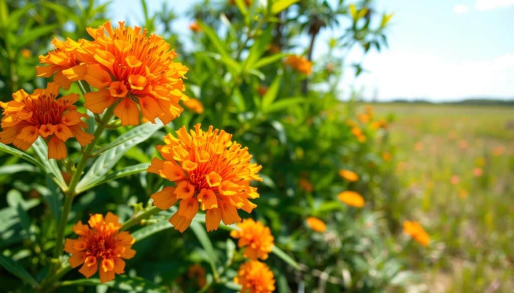 A vibrant display of Florida butterfly weed (Asclepias tuberosa) in full bloom, showcasing clusters of bright orange and yellow flowers with intricate petal structures that attract various pollinators like butterflies and bees. The foreground features a close-up view of the flowers, highlighting the delicate details and textures of the petals. In the middle ground, lush green foliage complements the vivid flowers, creating a natural habitat. The background captures a soft-focus landscape of a sunny Florida meadow, dotted with other native plants under a clear blue sky. The scene is bathed in bright, natural light with gentle sunlight filtering through the leaves, evoking a warm and inviting atmosphere. The composition should have a slightly elevated angle, allowing a comprehensive view of this pollinator-friendly plant in its native environment. A vibrant display of Florida butterfly weed (Asclepias tuberosa) in full bloom, showcasing clusters of bright orange and yellow flowers with intricate petal structures that attract various pollinators like butterflies and bees. The foreground features a close-up view of the flowers, highlighting the delicate details and textures of the petals. In the middle ground, lush green foliage complements the vivid flowers, creating a natural habitat. The background captures a soft-focus landscape of a sunny Florida meadow, dotted with other native plants under a clear blue sky. The scene is bathed in bright, natural light with gentle sunlight filtering through the leaves, evoking a warm and inviting atmosphere. The composition should have a slightly elevated angle, allowing a comprehensive view of this pollinator-friendly plant in its native environment.