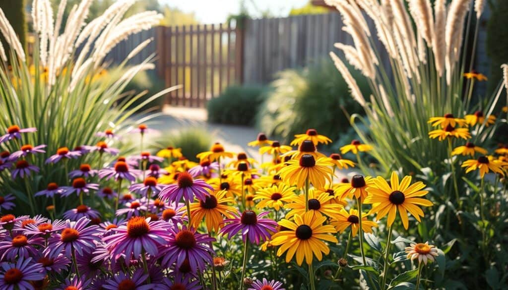 A vibrant display of drought-tolerant perennials flourishing in a home garden. In the foreground, clusters of bright purple Echinacea (Coneflowers) and golden-yellow Rudbeckia (Black-eyed Susans) create a colorful base. The middle ground features tall grasses like ornamental fountain grass swaying gently, with delicate spikes adding depth. In the background, a warm, sunlit garden path leads to a rustic wooden fence, surrounded by sun-dappled greenery. The scene is bathed in soft, natural light, emphasizing the rich textures and colors of the plants, conveying a tranquil, inviting atmosphere. The image is captured with a shallow depth of field to focus on the vivid flowers while softly blurring the background, creating a sense of serenity and warmth in this drought-resistant landscape. A vibrant display of drought-tolerant perennials flourishing in a home garden. In the foreground, clusters of bright purple Echinacea (Coneflowers) and golden-yellow Rudbeckia (Black-eyed Susans) create a colorful base. The middle ground features tall grasses like ornamental fountain grass swaying gently, with delicate spikes adding depth. In the background, a warm, sunlit garden path leads to a rustic wooden fence, surrounded by sun-dappled greenery. The scene is bathed in soft, natural light, emphasizing the rich textures and colors of the plants, conveying a tranquil, inviting atmosphere. The image is captured with a shallow depth of field to focus on the vivid flowers while softly blurring the background, creating a sense of serenity and warmth in this drought-resistant landscape.