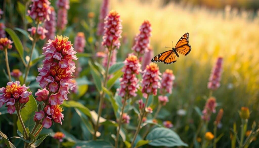 A vibrant display of native milkweed plants in full bloom, showcasing clusters of pink and orange flowers that attract pollinators, especially monarch butterflies. In the foreground, a close-up view reveals the delicate details of the flowers and broad, lush green leaves, while a graceful monarch butterfly flutters nearby. The middle ground features more milkweed plants, creating a natural, colorful habitat. In the background, a sun-drenched meadow with soft, golden sunlight filtering through, enhancing the warm, inviting atmosphere. The scene is captured with a shallow depth of field, emphasizing the milkweed while softly blurring the background. The overall mood is serene and dynamic, celebrating the essential support native milkweed provides to monarchs. A vibrant display of native milkweed plants in full bloom, showcasing clusters of pink and orange flowers that attract pollinators, especially monarch butterflies. In the foreground, a close-up view reveals the delicate details of the flowers and broad, lush green leaves, while a graceful monarch butterfly flutters nearby. The middle ground features more milkweed plants, creating a natural, colorful habitat. In the background, a sun-drenched meadow with soft, golden sunlight filtering through, enhancing the warm, inviting atmosphere. The scene is captured with a shallow depth of field, emphasizing the milkweed while softly blurring the background. The overall mood is serene and dynamic, celebrating the essential support native milkweed provides to monarchs.