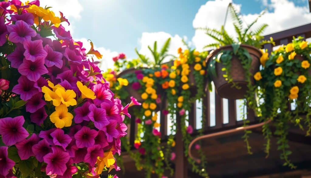 A vibrant display of sun-loving hanging basket plants, overflowing with colorful blooms and lush green foliage. In the foreground, a close-up of cascading petunias in shades of purple and pink, alongside bright yellow calibrachoa, creating a dynamic contrast. The middle ground features a rustic wooden balcony railing adorned with multiple baskets, rich in texture and detail, showcasing ferns and trailing vines. In the background, a soft blur of sunlight filters through bright blue sky and fluffy white clouds, enhancing the cheerful ambiance. The scene captures warm rays of soft sunlight, creating dappled shadows and emphasizing the bright colors of the flowers. The overall mood is fresh and inviting, perfect for a cozy patio or balcony garden. A vibrant display of sun-loving hanging basket plants, overflowing with colorful blooms and lush green foliage. In the foreground, a close-up of cascading petunias in shades of purple and pink, alongside bright yellow calibrachoa, creating a dynamic contrast. The middle ground features a rustic wooden balcony railing adorned with multiple baskets, rich in texture and detail, showcasing ferns and trailing vines. In the background, a soft blur of sunlight filters through bright blue sky and fluffy white clouds, enhancing the cheerful ambiance. The scene captures warm rays of soft sunlight, creating dappled shadows and emphasizing the bright colors of the flowers. The overall mood is fresh and inviting, perfect for a cozy patio or balcony garden.