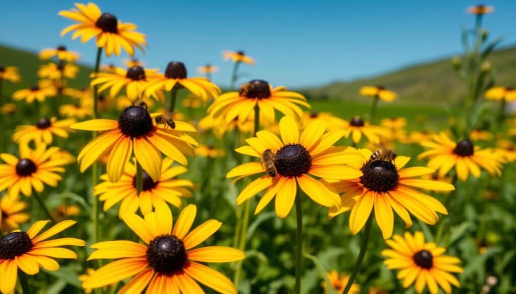 A vibrant field of black-eyed susans with their iconic yellow petals and dark brown centers, set against a clear blue sky. In the foreground, several bees are busily collecting pollen from the flowers, showcasing their importance in pollination. The middle ground features a few clusters of these sun-loving flowers, naturally arranged, creating a lively and inviting scene. The background includes a soft-focus of lush green foliage and gentle hills, enhancing the feeling of a warm, sunny day. The lighting is bright and natural, with the soft sunlight illuminating the petals and creating a cheerful, uplifting mood. The composition should capture the beauty of nature, with an emphasis on the interaction between the flowers and the bees.