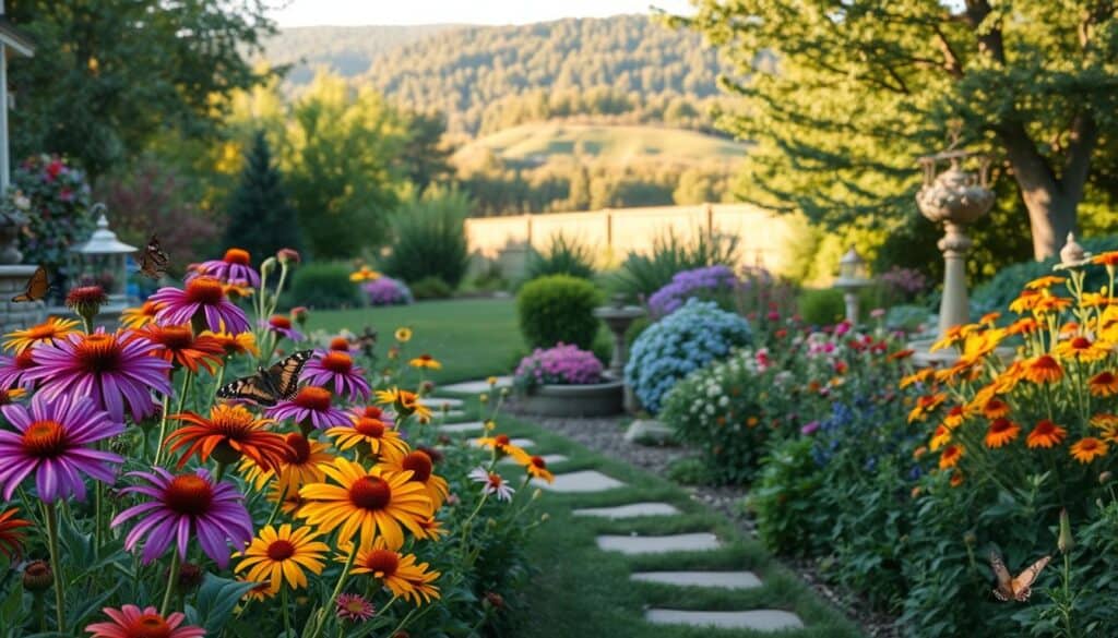 A vibrant, flourishing backyard garden expanding into a wildlife corridor. In the foreground, colorful butterfly-friendly flowers, such as coneflowers and milkweed, attract a variety of butterflies and hummingbirds. The middle ground features a softly winding pathway bordered by lush greenery and small shrubs that provide shelter for birds, with bird feeders and birdbaths artistically placed nearby. The background showcases a serene landscape with native trees and a gentle elevation leading to a distant forest line, bathed in warm, soft sunlight. The scene is filled with a sense of peace and harmony, highlighting the connection between the garden and nature, captured from a slightly elevated angle to emphasize the flow of the corridor. Natural, bright lighting enhances the colors, creating an inviting atmosphere.
