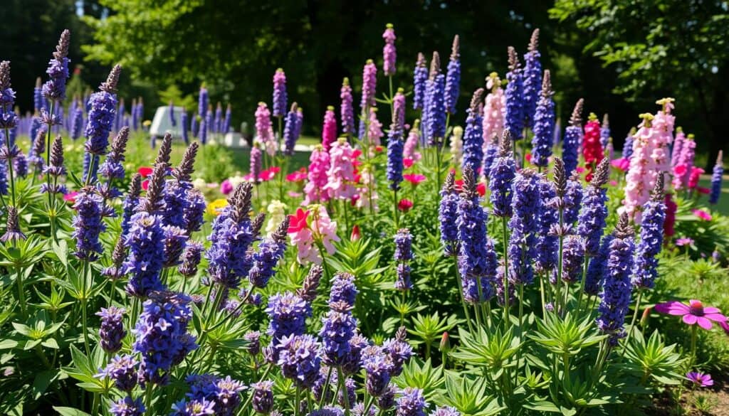 A vibrant garden border filled with long blooming perennials, showcasing a mix of fragrant and deer-resistant plants. In the foreground, clusters of lavender and catmint display their lush, purple and blue blossoms, attracting butterflies. The middle ground features an array of tall phlox and hardy geraniums, their colorful blooms complementing the greens of surrounding foliage. In the background, soft sunlight filters through leafy trees, creating a warm and inviting atmosphere. The scene captures a peaceful, sunny day with a slight breeze. The image is composed from a slightly elevated angle, focusing on the rich textures and colors of the plants, emphasizing a harmonious, naturally landscaped garden space. A vibrant garden border filled with long blooming perennials, showcasing a mix of fragrant and deer-resistant plants. In the foreground, clusters of lavender and catmint display their lush, purple and blue blossoms, attracting butterflies. The middle ground features an array of tall phlox and hardy geraniums, their colorful blooms complementing the greens of surrounding foliage. In the background, soft sunlight filters through leafy trees, creating a warm and inviting atmosphere. The scene captures a peaceful, sunny day with a slight breeze. The image is composed from a slightly elevated angle, focusing on the rich textures and colors of the plants, emphasizing a harmonious, naturally landscaped garden space.
