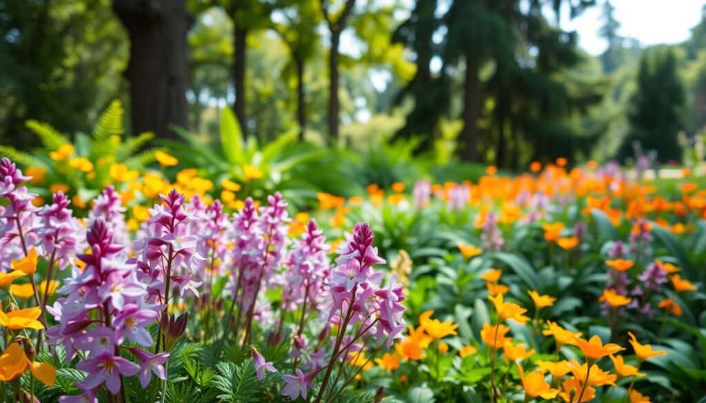 A vibrant garden filled with colorful shade-tolerant flowering perennials in full bloom. In the foreground, clusters of delicate columbines in shades of purple, pink, and white mix with bright yellow and orange coral bells. The middle ground features lush green ferns and hostas, enhancing the visual interest with their varying leaf textures. In the background, gently blurred, tall trees create a dappled shade effect, allowing soft sunlight to filter through. The atmosphere is serene and cheerful, evoking a sense of tranquility. Utilize natural, bright lighting to accentuate the flowers' vivid colors, capturing the essence of a lively yet calming garden space. The angle should showcase depth, highlighting the layers within the garden, inviting viewers to imagine themselves in this peaceful retreat. A vibrant garden filled with colorful shade-tolerant flowering perennials in full bloom. In the foreground, clusters of delicate columbines in shades of purple, pink, and white mix with bright yellow and orange coral bells. The middle ground features lush green ferns and hostas, enhancing the visual interest with their varying leaf textures. In the background, gently blurred, tall trees create a dappled shade effect, allowing soft sunlight to filter through. The atmosphere is serene and cheerful, evoking a sense of tranquility. Utilize natural, bright lighting to accentuate the flowers' vivid colors, capturing the essence of a lively yet calming garden space. The angle should showcase depth, highlighting the layers within the garden, inviting viewers to imagine themselves in this peaceful retreat.