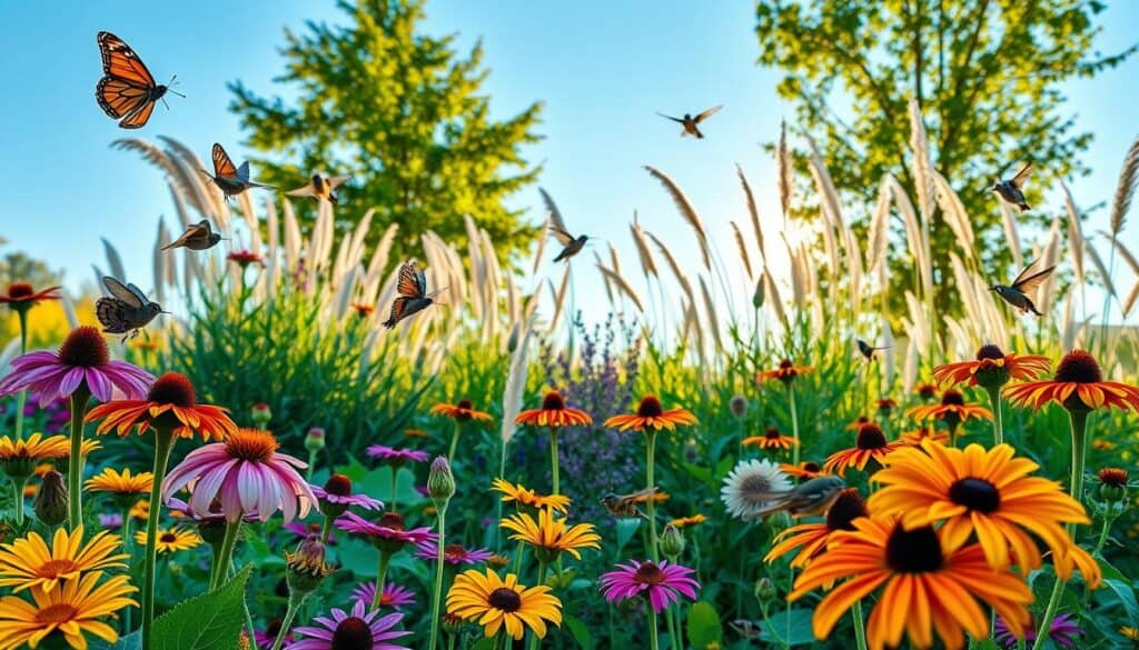 A vibrant garden scene brimming with native plants that attract pollinators, featuring colorful flowers like coneflowers, milkweed, and black-eyed Susans in the foreground. Butterflies such as monarchs and swallowtails hover delicately over the blossoms while hummingbirds dart in for a sip of nectar. In the middle ground, a variety of native shrubs add depth, interspersed with tall grasses swaying gently in a soft breeze. The background showcases a clear blue sky and the warm glow of golden hour sunlight filtering through tree leaves, creating a serene and inviting atmosphere. The image captures a sense of harmony and life, emphasizing the importance of selecting native plants for pollinator gardens. Use a wide-angle lens to encompass the lush bounty of the garden, ensuring bright natural light enhances the vivid colors and details.