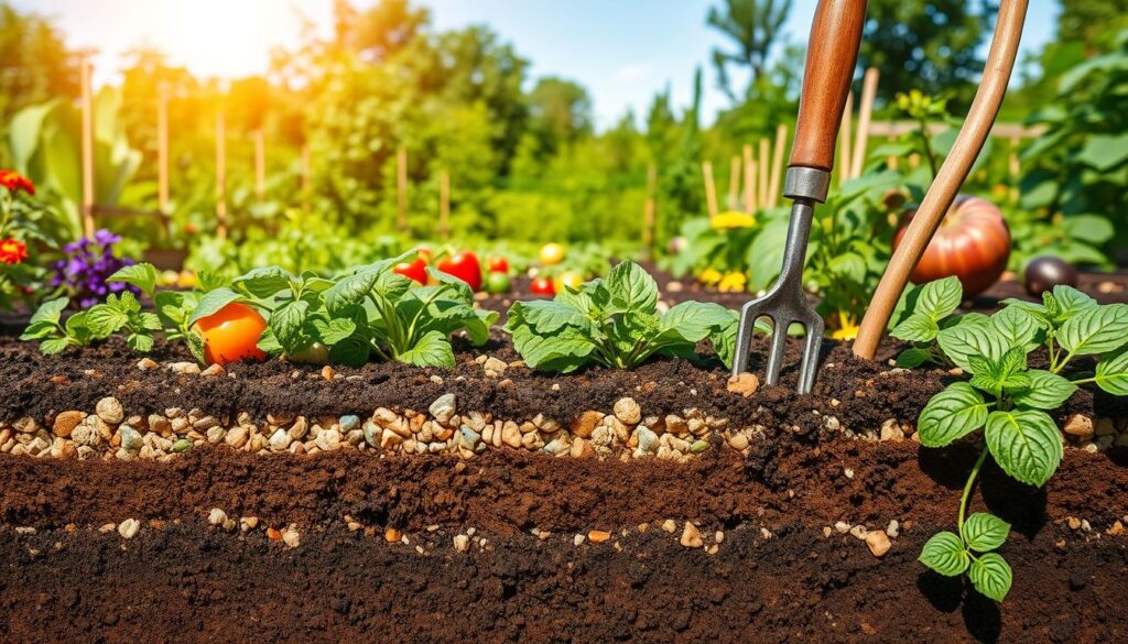 A vibrant garden scene depicting soil aeration and drainage in raised beds, showcasing a cross-section view of rich, dark soil layered with gravel and organic matter for optimal drainage. In the foreground, raise beds filled with colorful vegetables, green leafy plants, and herbs are thriving, with visible space for air circulation around their roots. The middle ground features soil aeration tools such as a hand trowel and aeration fork. The background includes lush greenery and a clear blue sky, casting soft, warm sunlight across the scene. The atmosphere is lively and productive, evoking a sense of well-managed gardening practices. The image is sharp with bright natural light, capturing the essence of a thriving raised bed garden. A vibrant garden scene depicting soil aeration and drainage in raised beds, showcasing a cross-section view of rich, dark soil layered with gravel and organic matter for optimal drainage. In the foreground, raise beds filled with colorful vegetables, green leafy plants, and herbs are thriving, with visible space for air circulation around their roots. The middle ground features soil aeration tools such as a hand trowel and aeration fork. The background includes lush greenery and a clear blue sky, casting soft, warm sunlight across the scene. The atmosphere is lively and productive, evoking a sense of well-managed gardening practices. The image is sharp with bright natural light, capturing the essence of a thriving raised bed garden.