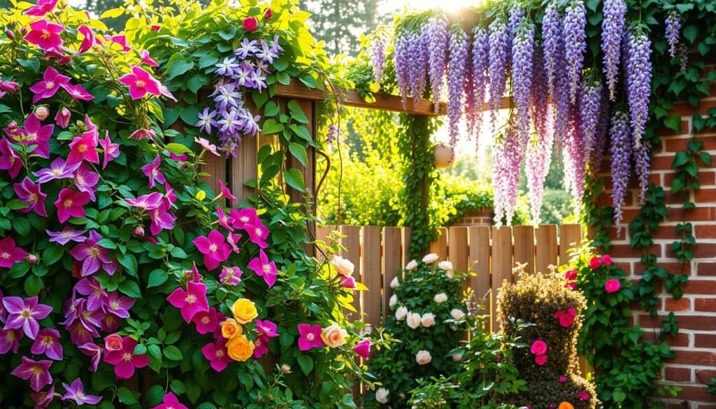 A vibrant garden scene featuring a variety of climbing plants harmoniously covering a wooden fence and brick garden wall. In the foreground, showcase colorful blooms of clematis and climbing roses intertwined with lush green foliage. The middle section highlights a trellis adorned with ivy and wisteria, cascading elegantly. In the background, soft sunlight filters through the leaves, creating a warm, inviting atmosphere. The setting is bright and airy, emphasizing the tranquility of the garden. Capture the scene using a slightly elevated angle to include both the plants and the architectural elements of the fence, all bathed in natural light. The overall mood is peaceful and picturesque, perfect for showcasing the beauty of climbing plants in a garden setting.