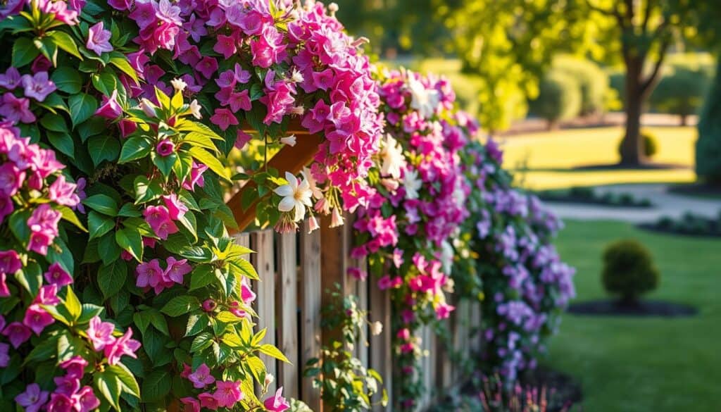 A vibrant garden scene featuring a variety of flowering climbers draped elegantly over a charming wooden fence. In the foreground, lush blossoms in shades of purple, pink, and white create a captivating tapestry of color, while lush green leaves frame the flowers beautifully. In the middle, a rustic wooden trellis supports blooming clematis and fragrant honeysuckle, their petals catching the soft, golden rays of the sun. In the background, a serene garden setting with hints of a manicured lawn and softly blurred trees, providing depth and tranquility. The overall mood is cheerful and inviting, illuminated by bright natural light that enhances the colors and textures of the plants, creating an atmosphere of charm and serenity perfect for a garden retreat.