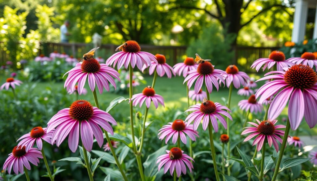 A vibrant garden scene featuring coneflowers in full bloom, showcasing their unique pink and purple petals. In the foreground, a cluster of healthy coneflowers stands tall, their spiky centers attracting a variety of busy bees and butterflies. The middle ground reveals a well-tended but low-maintenance backyard with rich, green foliage and hardy blooms, set against a backdrop of soft, dappled sunlight filtering through nearby trees. The atmosphere is serene and inviting, with a sense of harmony between nature and minimal human effort. The composition is captured from a slightly elevated angle to encompass the beauty of these resilient plants, highlighting their pollinator-friendly charm in bright, natural light.