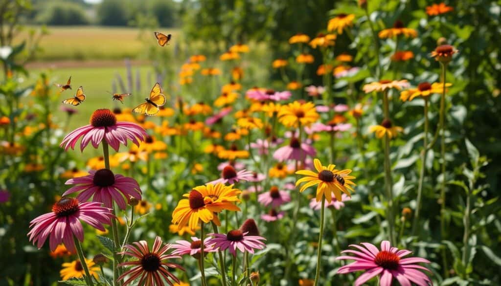 A vibrant garden scene featuring native plants that attract pollinators, such as echinacea, milkweed, and black-eyed Susans, thriving in a lush, low-maintenance setting. In the foreground, delicate butterflies and bees hover around vibrant blossoms, showcasing their role in the ecosystem. The middle ground displays an inviting patch of diverse native flora, with varying heights and colors creating a harmonious tapestry. In the background, a serene, sunny landscape with soft sunlight filtering through the leaves, illuminating the scene with a warm glow. The overall mood is peaceful and uplifting, emphasizing natural beauty and effortless gardening. Capture this idyllic garden from a slightly elevated angle to portray depth and the interconnectedness of plant life, inviting viewers to appreciate the simplicity and allure of native plants. A vibrant garden scene featuring native plants that attract pollinators, such as echinacea, milkweed, and black-eyed Susans, thriving in a lush, low-maintenance setting. In the foreground, delicate butterflies and bees hover around vibrant blossoms, showcasing their role in the ecosystem. The middle ground displays an inviting patch of diverse native flora, with varying heights and colors creating a harmonious tapestry. In the background, a serene, sunny landscape with soft sunlight filtering through the leaves, illuminating the scene with a warm glow. The overall mood is peaceful and uplifting, emphasizing natural beauty and effortless gardening. Capture this idyllic garden from a slightly elevated angle to portray depth and the interconnectedness of plant life, inviting viewers to appreciate the simplicity and allure of native plants.