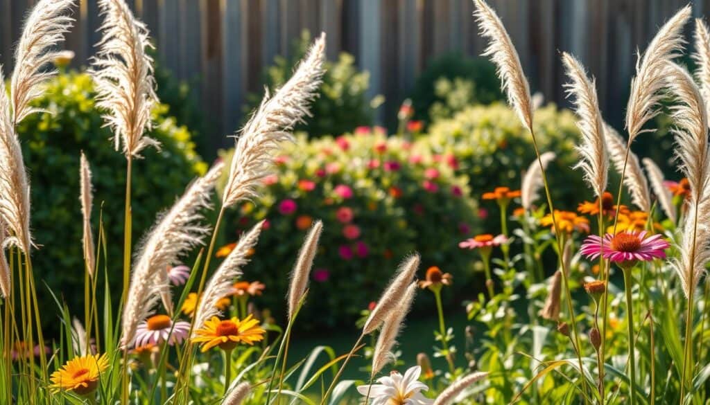 A vibrant garden scene featuring ornamental grasses and perennial plants, showcasing their structural elegance. In the foreground, tall, wispy ornamental grasses sway gently, their feathery plumes catching the soft sunlight. Mixed among them are colorful perennial flowers, such as coneflowers and daylilies, adding splashes of color. The middle ground presents neatly arranged shrubs with lush greenery, providing a sense of depth. In the background, a soft-focus of a wooden fence and faint garden tools can be seen, enhancing the home garden feel. The lighting is warm and inviting, with bright natural light illuminating the scene, creating an airy and serene atmosphere. The angle captures a slightly elevated view, showcasing the garden's layout and beauty, evoking a sense of tranquility and inspiration for gardening enthusiasts. A vibrant garden scene featuring ornamental grasses and perennial plants, showcasing their structural elegance. In the foreground, tall, wispy ornamental grasses sway gently, their feathery plumes catching the soft sunlight. Mixed among them are colorful perennial flowers, such as coneflowers and daylilies, adding splashes of color. The middle ground presents neatly arranged shrubs with lush greenery, providing a sense of depth. In the background, a soft-focus of a wooden fence and faint garden tools can be seen, enhancing the home garden feel. The lighting is warm and inviting, with bright natural light illuminating the scene, creating an airy and serene atmosphere. The angle captures a slightly elevated view, showcasing the garden's layout and beauty, evoking a sense of tranquility and inspiration for gardening enthusiasts.