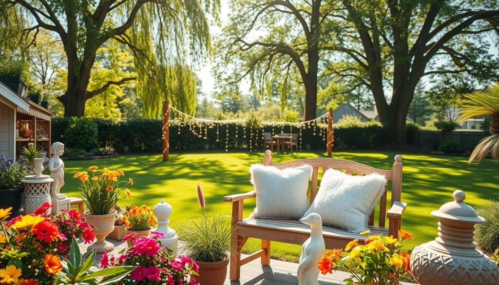 A vibrant garden scene featuring various outdoor decor elements to enhance the aesthetic appeal. In the foreground, colorful potted flowers and intricately designed garden sculptures create a lively atmosphere. The middle ground showcases a charming wooden bench adorned with soft, fluffy cushions and twinkling solar string lights, inviting relaxation. In the background, a well-manicured lawn stretches towards tall, leafy trees under a bright, sunny sky, with soft sunlight filtering through the branches. The overall mood is cheerful and inviting, embodying a sense of peace and tranquility. Use a wide-angle lens to capture the spaciousness of the garden, highlighting the harmony between nature and decor. The image should be bright and airy, with natural lighting that accentuates the colors and details of the decor elements.