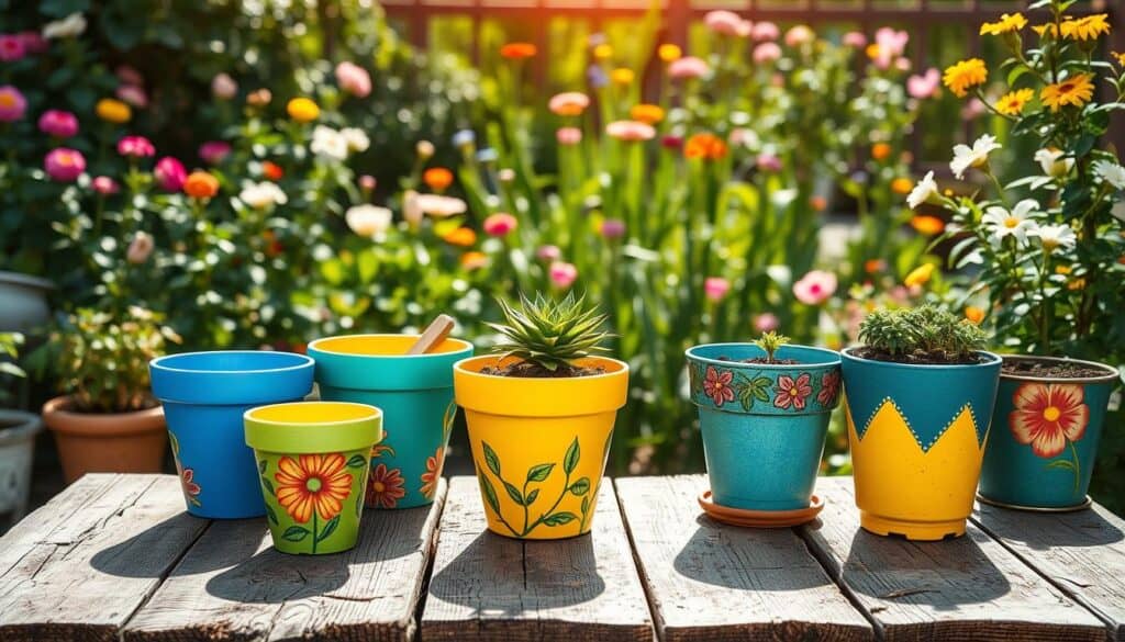 A vibrant garden scene showcasing a collection of upcycled plastic pots and metal planters, each adorned with colorful, professional finishes. In the foreground, several pots, painted in bright shades of blue, yellow, and green, are arranged artistically on a rustic wooden table. Some pots feature intricate floral designs while others have abstract patterns. The middle ground reveals a lush garden backdrop with blooming flowers and greenery, enhancing the visual appeal. Soft sunlight bathes the scene, creating a warm and inviting atmosphere. The image is taken from a slightly elevated angle, allowing for a clear view of the details on the pots and the surrounding flora. The mood is creative and inspiring, perfect for showcasing DIY potential in gardening. A vibrant garden scene showcasing a collection of upcycled plastic pots and metal planters, each adorned with colorful, professional finishes. In the foreground, several pots, painted in bright shades of blue, yellow, and green, are arranged artistically on a rustic wooden table. Some pots feature intricate floral designs while others have abstract patterns. The middle ground reveals a lush garden backdrop with blooming flowers and greenery, enhancing the visual appeal. Soft sunlight bathes the scene, creating a warm and inviting atmosphere. The image is taken from a slightly elevated angle, allowing for a clear view of the details on the pots and the surrounding flora. The mood is creative and inspiring, perfect for showcasing DIY potential in gardening.