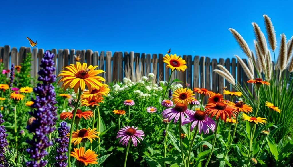A vibrant garden scene showcasing a selection of drought-tolerant pollinator plants in full bloom, including colorful lavender, echinacea, and sunflowers. In the foreground, delicate butterflies and busy bees flit from flower to flower, emphasizing the attraction of wildlife. The middle ground features lush greenery interspersed with these vivid flowers under a clear blue sky, illuminated by bright, soft sunlight that casts subtle shadows. In the background, a rustic wooden fence and ornamental grasses provide texture and depth, enhancing the garden's inviting atmosphere. The overall mood is serene and lively, capturing the harmony of nature in a sun-drenched, well-maintained home garden setting. A vibrant garden scene showcasing a selection of drought-tolerant pollinator plants in full bloom, including colorful lavender, echinacea, and sunflowers. In the foreground, delicate butterflies and busy bees flit from flower to flower, emphasizing the attraction of wildlife. The middle ground features lush greenery interspersed with these vivid flowers under a clear blue sky, illuminated by bright, soft sunlight that casts subtle shadows. In the background, a rustic wooden fence and ornamental grasses provide texture and depth, enhancing the garden's inviting atmosphere. The overall mood is serene and lively, capturing the harmony of nature in a sun-drenched, well-maintained home garden setting.