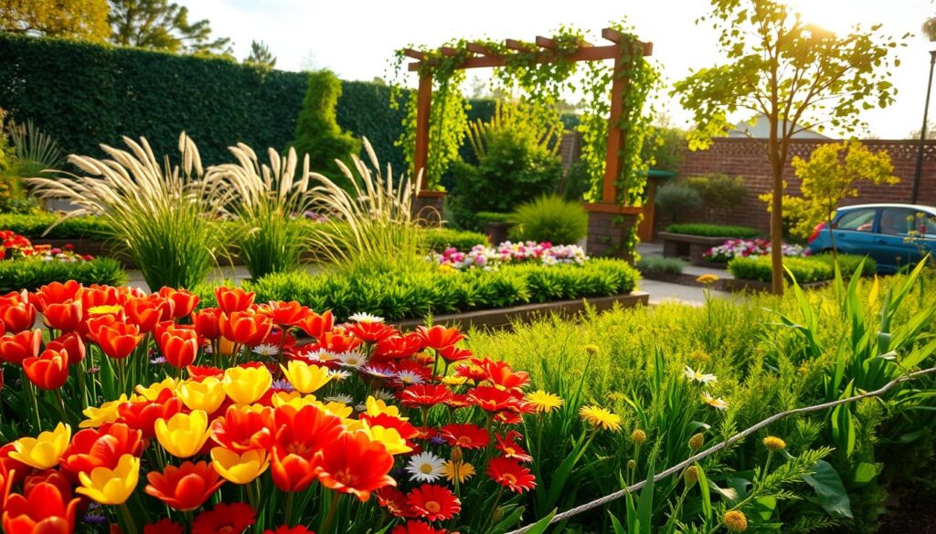 A vibrant garden scene showcasing a variety of colorful, strategically planted flowers and greenery. In the foreground, clusters of blooming tulips and daisies in rich reds, yellows, and blues form a lively border. The middle ground features neatly arranged flower beds with ornamental grasses and shrubs, creating depth. Lush greenery and foliage create texture, leading to a charming wooden trellis adorned with climbing plants, such as ivy or jasmine, in the background. The background is a sunlit sky, casting soft, warm natural light across the scene, with a gentle breeze rustling the leaves, evoking a serene and inviting atmosphere. The composition is captured from a slightly elevated angle, emphasizing the layout and color harmony of the garden.