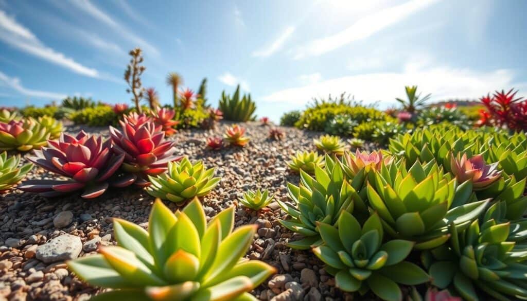 A vibrant garden scene showcasing a variety of easy-care outdoor succulents, including Sedums, Echeverias, and creeping Jades, arranged as ground covers to suppress weeds. In the foreground, the lush, fleshy leaves shimmer under soft sunlight, highlighting their rich greens and subtle hues of purple and pink. The middle ground features a gentle slope of rocky soil, perfectly complementing the succulents, adorned with small pebbles and ornamental stones. In the background, a bright blue sky with a few wispy clouds filters soft, natural light, creating an airy atmosphere. The composition is shot from a low angle to emphasize the textures of the plants, inviting viewers to imagine a serene and hassle-free garden space.