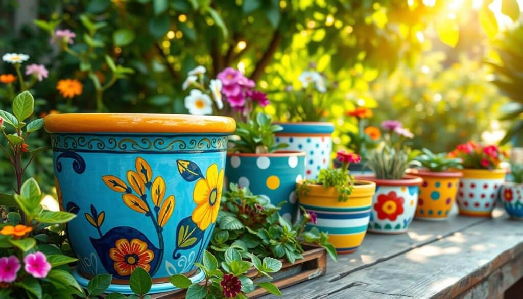 A vibrant garden scene showcasing a variety of painted pots and planters, each adorned with unique, colorful designs and patterns, placed amid lush greenery and blooming flowers. In the foreground, an intricately hand-painted ceramic pot in bright blues and yellows features tropical motifs, surrounded by flourishing plants displaying a mix of colors. The middle ground reveals additional painted pots, some with polka dots, stripes, and whimsical illustrations, placed on a rustic wooden table. In the background, a sunlit garden with rays filtering through leaves creates a warm, inviting atmosphere. The overall mood feels cheerful and lively, captured in soft, natural lighting that enhances the colors of the pots and the surrounding foliage, using a slightly elevated angle for depth. A vibrant garden scene showcasing a variety of painted pots and planters, each adorned with unique, colorful designs and patterns, placed amid lush greenery and blooming flowers. In the foreground, an intricately hand-painted ceramic pot in bright blues and yellows features tropical motifs, surrounded by flourishing plants displaying a mix of colors. The middle ground reveals additional painted pots, some with polka dots, stripes, and whimsical illustrations, placed on a rustic wooden table. In the background, a sunlit garden with rays filtering through leaves creates a warm, inviting atmosphere. The overall mood feels cheerful and lively, captured in soft, natural lighting that enhances the colors of the pots and the surrounding foliage, using a slightly elevated angle for depth.