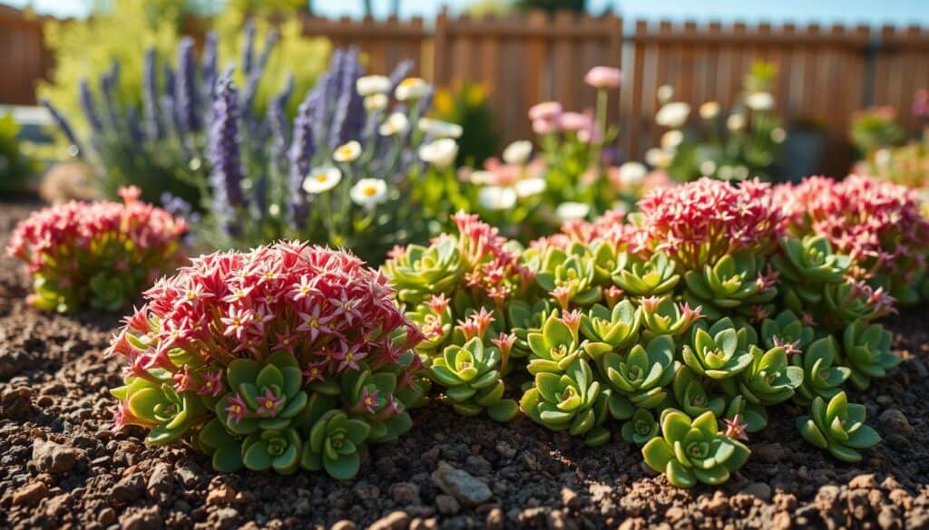 A vibrant garden scene showcasing beginner-friendly Stonecrop Sedum plants in full bloom, emphasizing their fleshy, succulent leaves and clusters of tiny, star-shaped flowers. In the foreground, display a variety of these drought-tolerant beauties in various shades of green and pink against a rich, textured soil backdrop. The middle ground features additional low-maintenance flowering plants like lavender and daisies, creating a lively contrast. In the background, include soft blurred hints of a sunny backyard with a wooden fence and a clear blue sky. Use soft, warm natural light to create a bright and airy atmosphere, capturing the serene beauty of a well-tended garden. The angle should be a slightly elevated perspective to highlight the depth and variety of the plants.