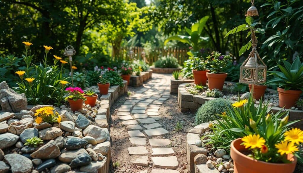 A vibrant garden scene showcasing creative borders made from upcycled and recycled materials. In the foreground, colorful flower beds with neatly arranged stones, repurposed wood planks, and vibrant terracotta pots. The middle features a charming winding path composed of reclaimed bricks and seashells, leading deeper into the garden. In the background, a lush greenery with sunlight filtering through the leaves, creating dappled light across the scene. The atmosphere is serene and inviting, with soft sunlight illuminating the borders to highlight their unique textures. Capture this setting from a slightly elevated angle, allowing the viewer to appreciate the layered design while maintaining a focus on the innovative materials used. A vibrant garden scene showcasing creative borders made from upcycled and recycled materials. In the foreground, colorful flower beds with neatly arranged stones, repurposed wood planks, and vibrant terracotta pots. The middle features a charming winding path composed of reclaimed bricks and seashells, leading deeper into the garden. In the background, a lush greenery with sunlight filtering through the leaves, creating dappled light across the scene. The atmosphere is serene and inviting, with soft sunlight illuminating the borders to highlight their unique textures. Capture this setting from a slightly elevated angle, allowing the viewer to appreciate the layered design while maintaining a focus on the innovative materials used.