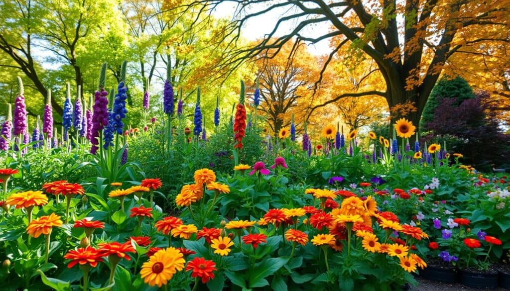 A vibrant garden scene showcasing seasonal plant layering for year-round lushness. In the foreground, a variety of colorful flowers in full bloom, such as marigolds and pansies, with rich green foliage. The middle layer features taller plants like foxgloves and sunflowers, creating visual height and depth. In the background, majestic trees with changing leaves indicate the seasonal transition—bright green in spring, deep oranges and reds in autumn. Bright natural light filters through the branches, casting soft shadows on the ground. The scene is captured from a slightly elevated angle, emphasizing the layers of plant life and creating an inviting atmosphere, enriched with a sense of tranquility and nature's beauty.