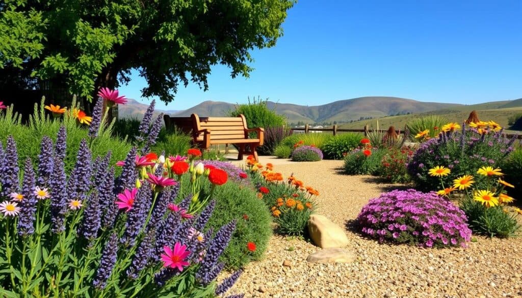 A vibrant garden showcasing a variety of drought-tolerant perennials, including lavender, sedum, and echinacea, arranged in a beautifully landscaped setting. In the foreground, clusters of brightly colored blooms stand out against rich green foliage, while a few smooth stones and gravel add texture to the scene. The middle ground features a gently curving path lined with these resilient plants, leading to a rustic wooden bench under a partially shaded area. In the background, soft hills and a clear blue sky create a sense of tranquility. The scene is illuminated by warm, natural light, casting gentle shadows that enhance the details of the flowers. Overall, the atmosphere is serene and inviting, perfect for a low-maintenance home garden. A vibrant garden showcasing a variety of drought-tolerant perennials, including lavender, sedum, and echinacea, arranged in a beautifully landscaped setting. In the foreground, clusters of brightly colored blooms stand out against rich green foliage, while a few smooth stones and gravel add texture to the scene. The middle ground features a gently curving path lined with these resilient plants, leading to a rustic wooden bench under a partially shaded area. In the background, soft hills and a clear blue sky create a sense of tranquility. The scene is illuminated by warm, natural light, casting gentle shadows that enhance the details of the flowers. Overall, the atmosphere is serene and inviting, perfect for a low-maintenance home garden.