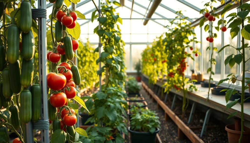 A vibrant greenhouse filled with vertical trellising systems for growing cucumbers and tomatoes. In the foreground, detailed images of sturdy trellises showcasing lush green cucumber vines climbing upwards alongside healthy tomato plants adorned with ripe red fruit. The middle ground features rows of planters and pots, all arranged neatly, with soil and organic mulch visible. The background is filled with large windows allowing bright, soft sunlight to flood the space, casting warm shadows. A few gardening tools are discreetly arranged on a workbench, emphasizing a dedicated gardening atmosphere. The overall ambiance is cheerful and productive, reflecting a thriving home gardening environment bathed in natural light, highlighting the joy of growing fresh produce. A vibrant greenhouse filled with vertical trellising systems for growing cucumbers and tomatoes. In the foreground, detailed images of sturdy trellises showcasing lush green cucumber vines climbing upwards alongside healthy tomato plants adorned with ripe red fruit. The middle ground features rows of planters and pots, all arranged neatly, with soil and organic mulch visible. The background is filled with large windows allowing bright, soft sunlight to flood the space, casting warm shadows. A few gardening tools are discreetly arranged on a workbench, emphasizing a dedicated gardening atmosphere. The overall ambiance is cheerful and productive, reflecting a thriving home gardening environment bathed in natural light, highlighting the joy of growing fresh produce.