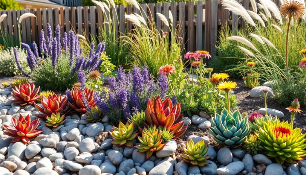 A vibrant home garden scene showcasing an array of the best drought-tolerant plants. In the foreground, colorful succulents like Echeveria and Sedum are nestled among smooth pebbles, creating a striking contrast. The middle ground features sturdy, flowering plants such as Lavender and Yarrow, with their blooms brightening the landscape. In the background, a rustic wooden fence complements the natural greenery, surrounded by sunlight-drenched grasses swaying gently in the breeze. The scene is illuminated by soft, warm sunlight, enhancing the rich colors of the plants and creating a serene, inviting atmosphere. The focus is clear, capturing the essence of a sustainable, low-maintenance garden that thrives in dry conditions. A vibrant home garden scene showcasing an array of the best drought-tolerant plants. In the foreground, colorful succulents like Echeveria and Sedum are nestled among smooth pebbles, creating a striking contrast. The middle ground features sturdy, flowering plants such as Lavender and Yarrow, with their blooms brightening the landscape. In the background, a rustic wooden fence complements the natural greenery, surrounded by sunlight-drenched grasses swaying gently in the breeze. The scene is illuminated by soft, warm sunlight, enhancing the rich colors of the plants and creating a serene, inviting atmosphere. The focus is clear, capturing the essence of a sustainable, low-maintenance garden that thrives in dry conditions.