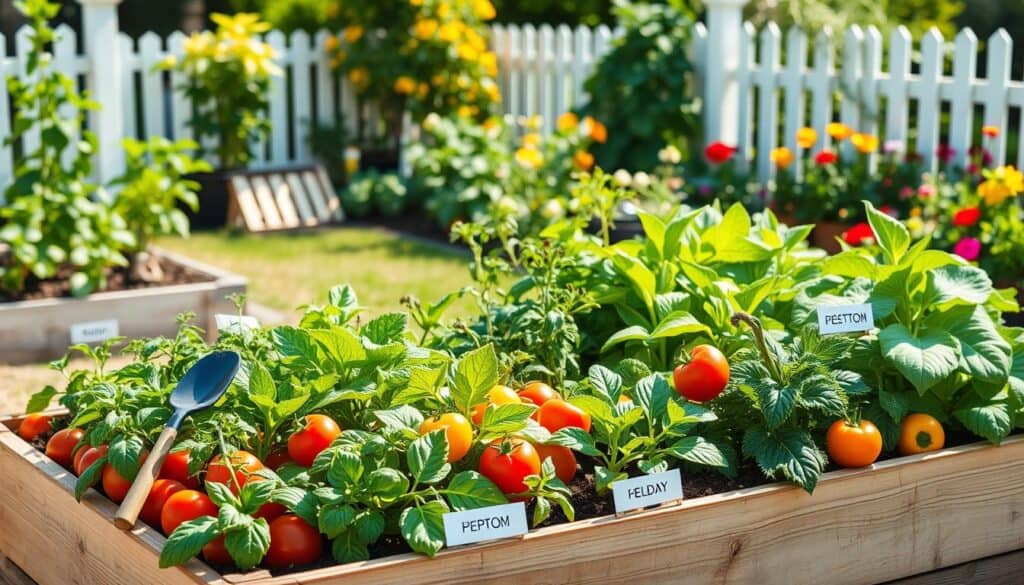 A vibrant home vegetable garden scene showcasing effective planting strategies for maximum yield. In the foreground, a raised wooden garden bed filled with assorted vegetables such as tomatoes, peppers, and leafy greens, arranged in a staggered, companion planting layout. The middle ground features gardening tools like a trowel and watering can, alongside labels for each plant type. In the background, a sunny backyard landscape with a white picket fence and colorful flowers adds depth to the scene. The lighting is bright and natural, with soft sunlight filtering through. The atmosphere is inviting and productive, capturing the essence of a thriving home garden. The angle is slightly elevated, providing a comprehensive view of the planting strategies without any text overlays or distractions. A vibrant home vegetable garden scene showcasing effective planting strategies for maximum yield. In the foreground, a raised wooden garden bed filled with assorted vegetables such as tomatoes, peppers, and leafy greens, arranged in a staggered, companion planting layout. The middle ground features gardening tools like a trowel and watering can, alongside labels for each plant type. In the background, a sunny backyard landscape with a white picket fence and colorful flowers adds depth to the scene. The lighting is bright and natural, with soft sunlight filtering through. The atmosphere is inviting and productive, capturing the essence of a thriving home garden. The angle is slightly elevated, providing a comprehensive view of the planting strategies without any text overlays or distractions.