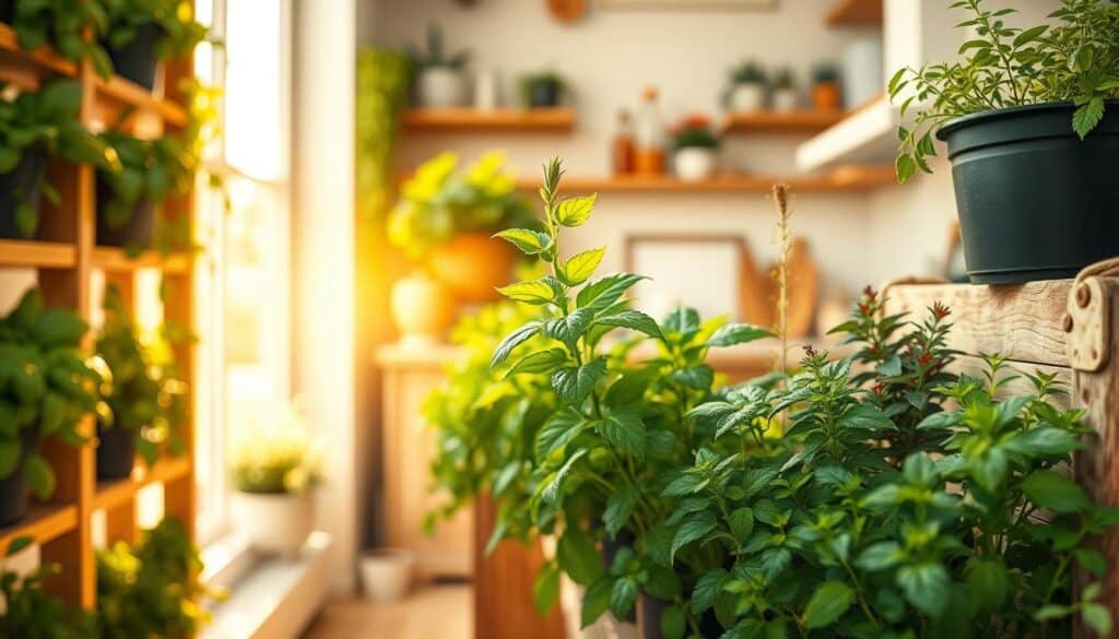A vibrant indoor garden scene showcasing a vertical herb garden filled with lush, green herbs like basil, mint, and rosemary. The foreground features a wooden shelving unit, neatly organized with pots of herbs at various heights, creating a dynamic, layered effect. In the middle, a close-up of dew-kissed leaves glistening in the soft, golden sunlight streaming through a nearby window. The background displays bright, airy kitchen decor with wooden accents and a well-lit atmosphere, suggesting a cozy cooking space. A warm and inviting mood permeates the image, encouraging a sense of freshness and natural beauty without any text or distractions.