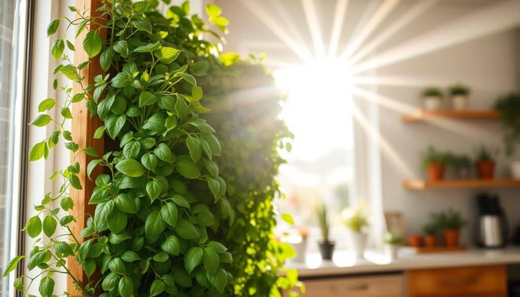 A vibrant indoor vertical herb garden thriving under bright, natural sunlight. In the foreground, lush herbs like basil, mint, and rosemary cascade from a wooden vertical planter, showcasing their rich green colors and healthy growth. The middle ground features a sunny window, emphasizing the generous beams of soft sunlight streaming in, creating a warm and inviting atmosphere. In the background, hints of modern kitchen décor, such as potted plants and wooden shelves, suggest a harmonious indoor space. The lighting is bright yet soft, capturing the essence of a cheerful, airy vibe. The composition highlights the seasonal care for the herbs, reflecting an ideal environment for growth and freshness.