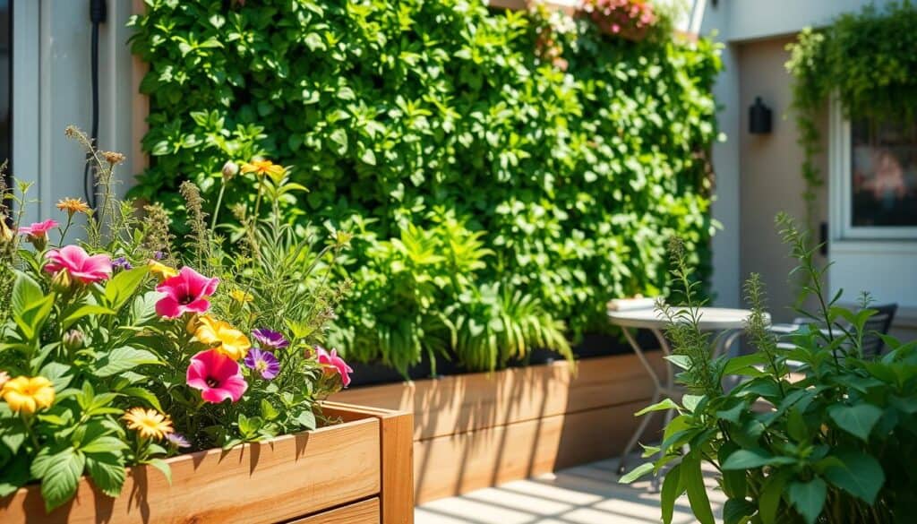 A vibrant living wall installation featuring a variety of lush green plants, arranged vertically on a small patio wall. The foreground showcases wooden planters filled with colorful flowers and aromatic herbs, with droplets of water glistening on their leaves. In the middle, the living wall bursts with greenery, each plant distinctly visible and thriving in sunlight. Radiant natural light filters through, casting gentle shadows to enhance the textures of the wall and plants. The background includes a small bistro table and chairs, inviting and cozy, enhancing the atmosphere of an urban garden retreat. The scene captures a serene and refreshing ambiance, ideal for a cozy outdoor space. The angle is slightly elevated, providing a clear view of both the living wall and the overall patio environment. Soft sunlight bathes the scene, creating a harmonious and inviting mood.
