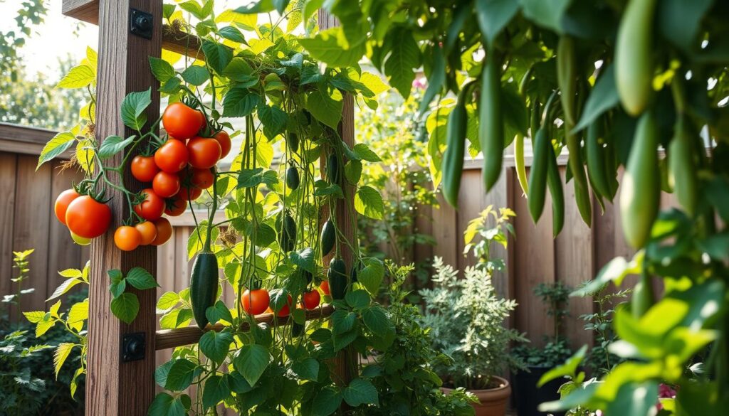 A vibrant low-cost vertical garden showcasing an assortment of climbing vegetables such as tomatoes, cucumbers, and beans. In the foreground, a rustic wooden trellis supports lush, green foliage, demonstrating the benefits of vertical gardening. The middle ground features a variety of herbs interspersed among the climbing plants, all thriving in bright natural light. In the background, a cozy backyard scene with soft sunlight filtering through leaves creates an airy, inviting atmosphere. The angle captures the garden from a slightly elevated perspective, highlighting the verticality and abundance of the plants. The composition is harmonious, radiating health and productivity, perfect for showcasing the potential yields from a budget-friendly gardening project.