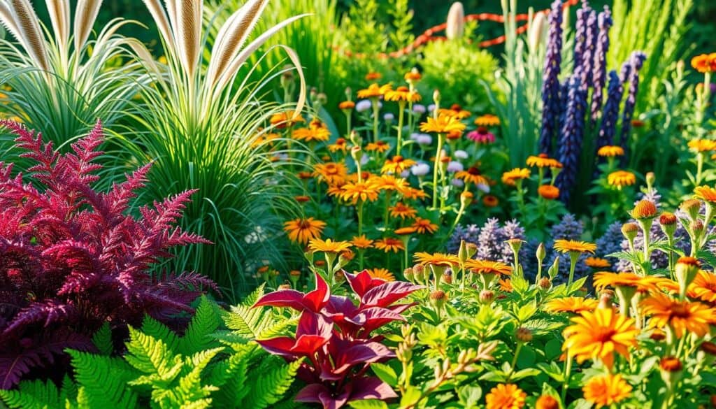 A vibrant midground garden scene featuring an array of mid-sized filler plants that create visual balance. In the foreground, lush ferns and vibrant coleus plants add texture, their bright greens and purples harmonizing beautifully. The midground showcases a blend of ornamental grasses and blooming perennials like echinacea and gaillardia, their cheerful colors popping against a soft focus. In the background, taller plants such as rudbeckia and butterfly bushes create depth, softly illuminated by bright natural light and gentle soft sunlight that adds warmth to the scene. The composition is airy and well-lit, capturing a tranquil, lush garden atmosphere, with depth and layers inviting viewers to imagine a full, rich garden space. Use a wide-angle lens for a slightly elevated perspective to enhance the layered effect.