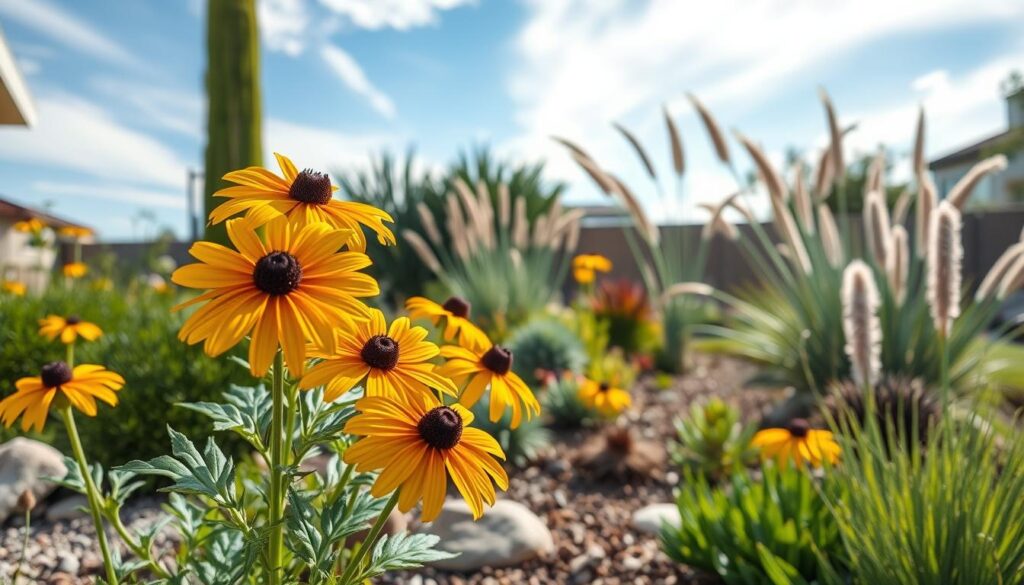 A vibrant native plant landscape featuring a cluster of Black-eyed Susans in full bloom, their golden petals contrasting beautifully with rich green foliage. In the foreground, the bright yellow flowers catch soft sunlight, showcasing their intricate details. The middle ground is filled with a mix of xeriscaping plants, including drought-resistant succulents and ornamental grasses, arranged thoughtfully to highlight their textures and colors. The background reveals a serene backyard setting with a clear blue sky and wispy clouds, casting a warm and inviting atmosphere. The scene is bathed in natural light, with an emphasis on a soft, airy feel, creating a peaceful, low-maintenance garden that thrives effortlessly. The composition is captured from a slightly elevated angle, providing an expansive view of this beautiful and sustainable landscape.