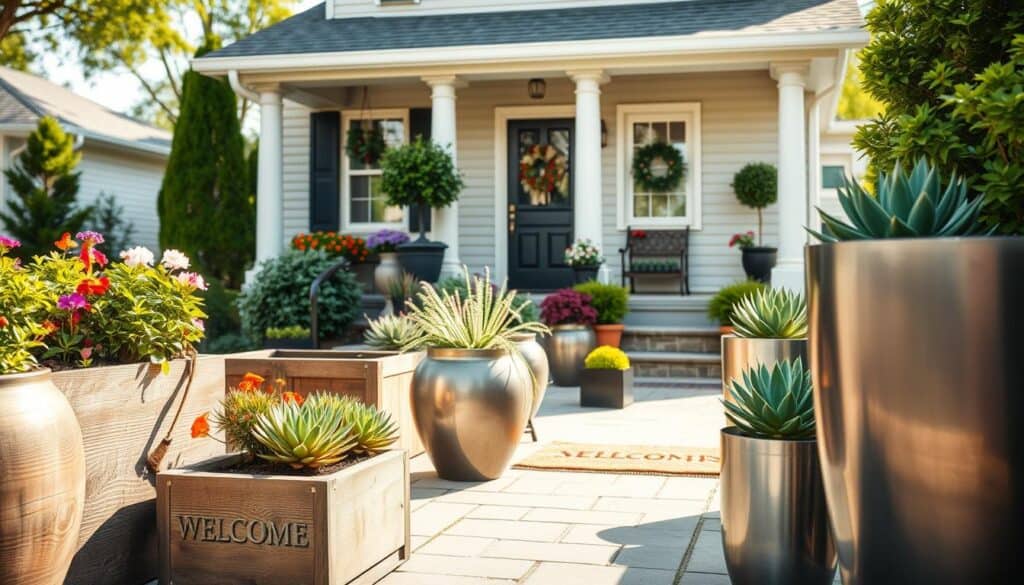 A vibrant outdoor scene showcasing a variety of stylish planters that enhance curb appeal for various home styles. In the foreground, there are rustic wooden planters filled with colorful flowers and lush greenery, alongside sleek modern metallic containers with succulents. The middle ground features a charming front porch with decorative elements, such as a welcoming doormat and potted plants framing the entrance, creating a harmonious blend of textures. In the background, a picturesque suburban home with a well-maintained lawn and inviting facade is bathed in bright natural light, highlighting the soft elegance of the scene. The atmosphere is warm and welcoming, making this an ideal visual representation for selecting the right planters for any home. The angle captures the beauty of the setting, with airy and well-lit conditions emphasizing the natural colors and details. A vibrant outdoor scene showcasing a variety of stylish planters that enhance curb appeal for various home styles. In the foreground, there are rustic wooden planters filled with colorful flowers and lush greenery, alongside sleek modern metallic containers with succulents. The middle ground features a charming front porch with decorative elements, such as a welcoming doormat and potted plants framing the entrance, creating a harmonious blend of textures. In the background, a picturesque suburban home with a well-maintained lawn and inviting facade is bathed in bright natural light, highlighting the soft elegance of the scene. The atmosphere is warm and welcoming, making this an ideal visual representation for selecting the right planters for any home. The angle captures the beauty of the setting, with airy and well-lit conditions emphasizing the natural colors and details.