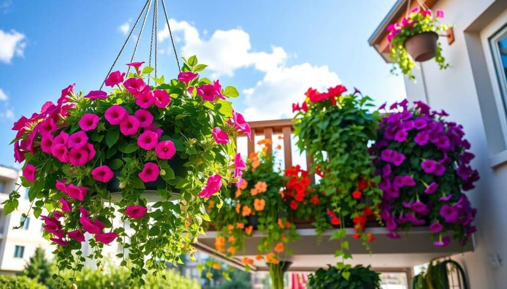 A vibrant patio or balcony garden showcasing an array of the best hanging basket plants. In the foreground, lush hanging baskets filled with colorful flowers like petunias and fuchsias, cascading down with greenery. The middle ground features a cozy wooden railing adorned with a few more hanging plants, creating a layered effect. In the background, a sunlit blue sky with soft, fluffy clouds complements the scene, adding to the cheerful atmosphere. The lighting is bright and natural, casting gentle shadows, enhancing the textures of the foliage. The overall mood is fresh, inviting, and perfect for outdoor relaxation, encapsulating the beauty of a well-maintained urban garden. A vibrant patio or balcony garden showcasing an array of the best hanging basket plants. In the foreground, lush hanging baskets filled with colorful flowers like petunias and fuchsias, cascading down with greenery. The middle ground features a cozy wooden railing adorned with a few more hanging plants, creating a layered effect. In the background, a sunlit blue sky with soft, fluffy clouds complements the scene, adding to the cheerful atmosphere. The lighting is bright and natural, casting gentle shadows, enhancing the textures of the foliage. The overall mood is fresh, inviting, and perfect for outdoor relaxation, encapsulating the beauty of a well-maintained urban garden.
