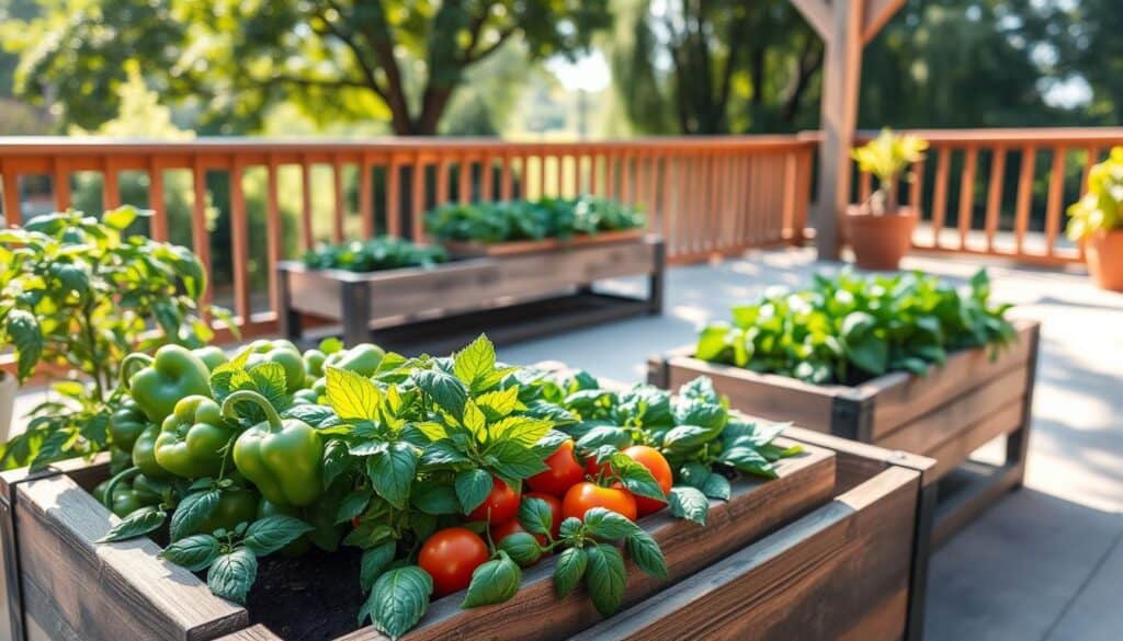 A vibrant patio scene featuring an assortment of vegetables and herbs in raised beds. In the foreground, showcase lush green bell peppers, ripe tomatoes, and fragrant basil, arranged artfully in tiered wooden planters. The middle ground includes slightly elevated planter boxes filled with compact carrot tops and leafy spinach, offering a sense of vertical gardening. In the background, a sun-drenched concrete patio is surrounded by delicate wooden railings and soft, natural sunlight filtering through leafy trees, creating an inviting atmosphere. Capture this scene using a wide-angle lens to emphasize the details in the plants and the soothing, airy ambiance. The overall mood should be uplifting and serene, evoking a sense of accomplishment in home gardening. A vibrant patio scene featuring an assortment of vegetables and herbs in raised beds. In the foreground, showcase lush green bell peppers, ripe tomatoes, and fragrant basil, arranged artfully in tiered wooden planters. The middle ground includes slightly elevated planter boxes filled with compact carrot tops and leafy spinach, offering a sense of vertical gardening. In the background, a sun-drenched concrete patio is surrounded by delicate wooden railings and soft, natural sunlight filtering through leafy trees, creating an inviting atmosphere. Capture this scene using a wide-angle lens to emphasize the details in the plants and the soothing, airy ambiance. The overall mood should be uplifting and serene, evoking a sense of accomplishment in home gardening.