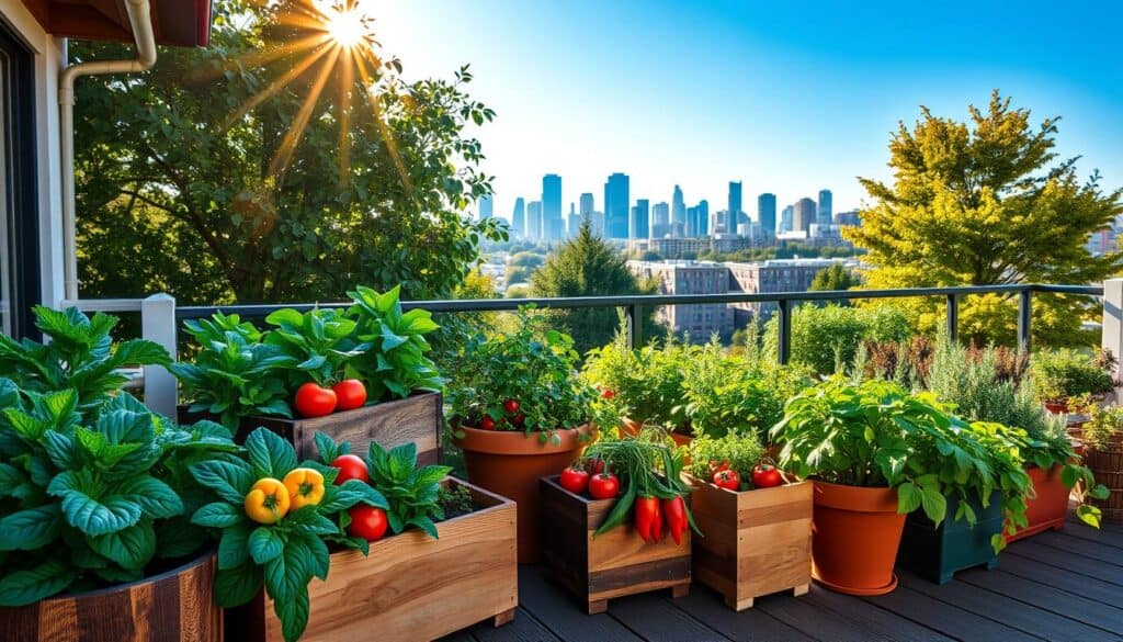 A vibrant patio scene showcasing an assortment of container-grown vegetables, featuring lush green leafy plants like kale and spinach, tomatoes bursting with ripeness, and bright peppers in various colors. The foreground highlights multiple stylish containers made of wood and terracotta, arranged aesthetically on a wooden deck. In the middle ground, a neatly maintained herb garden with fragrant basil and rosemary is visible, while the background includes a beautiful urban skyline under a clear blue sky. Soft golden sunlight filters through the trees, creating warm shadows and a cheerful atmosphere. The overall mood is inviting and serene, perfect for gardening enthusiasts. A vibrant patio scene showcasing an assortment of container-grown vegetables, featuring lush green leafy plants like kale and spinach, tomatoes bursting with ripeness, and bright peppers in various colors. The foreground highlights multiple stylish containers made of wood and terracotta, arranged aesthetically on a wooden deck. In the middle ground, a neatly maintained herb garden with fragrant basil and rosemary is visible, while the background includes a beautiful urban skyline under a clear blue sky. Soft golden sunlight filters through the trees, creating warm shadows and a cheerful atmosphere. The overall mood is inviting and serene, perfect for gardening enthusiasts.