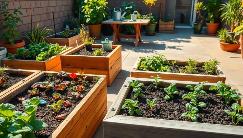 A vibrant patio scene showcasing square foot gardening techniques. In the foreground, raised garden beds filled with a variety of colorful vegetables and herbs, arranged in a clear grid pattern. The mid-ground reveals well-maintained wooden boxes, surrounded by potted plants and small gardening tools like a trowel and watering can on a rustic table. In the background, a sun-drenched concrete patio with greenery from nearby plants and a gentle hint of a blue sky. Soft, warm sunlight bathes the scene, creating a welcoming atmosphere, with a focus on the textures of the soil and leaves. The composition captures a cozy, productive gardening space, ideal for urban dwellers. A vibrant patio scene showcasing square foot gardening techniques. In the foreground, raised garden beds filled with a variety of colorful vegetables and herbs, arranged in a clear grid pattern. The mid-ground reveals well-maintained wooden boxes, surrounded by potted plants and small gardening tools like a trowel and watering can on a rustic table. In the background, a sun-drenched concrete patio with greenery from nearby plants and a gentle hint of a blue sky. Soft, warm sunlight bathes the scene, creating a welcoming atmosphere, with a focus on the textures of the soil and leaves. The composition captures a cozy, productive gardening space, ideal for urban dwellers.