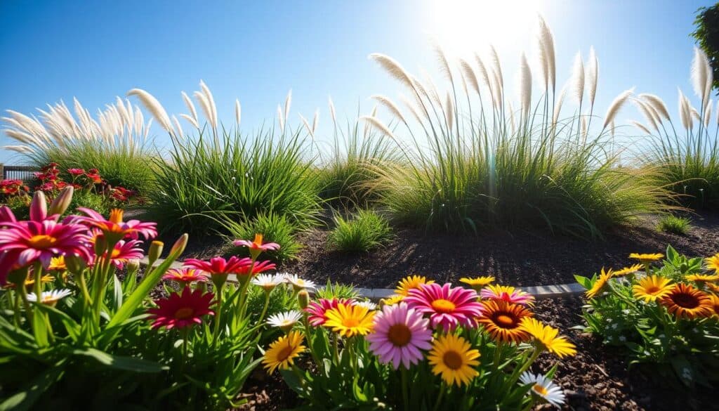 A vibrant perennial garden edging scene showcases a variety of low-growing sun-loving plants. In the foreground, clusters of colorful daylilies and cheerful daisies create a crisp, defined border, while soft ornamental grasses gently sway in the breeze. The middle ground features lush green foliage, with well-mulched soil and neat pathways adding structure. In the background, a bright blue sky filters through gentle, warm sunlight, casting soft shadows that enhance the garden’s textures. The composition should be captured from a low angle to emphasize the rich details of the plants, inviting a sense of tranquility and natural beauty. The overall mood is cheerful and inviting, perfect for illustrating a sunny garden scene filled with life and color. A vibrant perennial garden edging scene showcases a variety of low-growing sun-loving plants. In the foreground, clusters of colorful daylilies and cheerful daisies create a crisp, defined border, while soft ornamental grasses gently sway in the breeze. The middle ground features lush green foliage, with well-mulched soil and neat pathways adding structure. In the background, a bright blue sky filters through gentle, warm sunlight, casting soft shadows that enhance the garden’s textures. The composition should be captured from a low angle to emphasize the rich details of the plants, inviting a sense of tranquility and natural beauty. The overall mood is cheerful and inviting, perfect for illustrating a sunny garden scene filled with life and color.