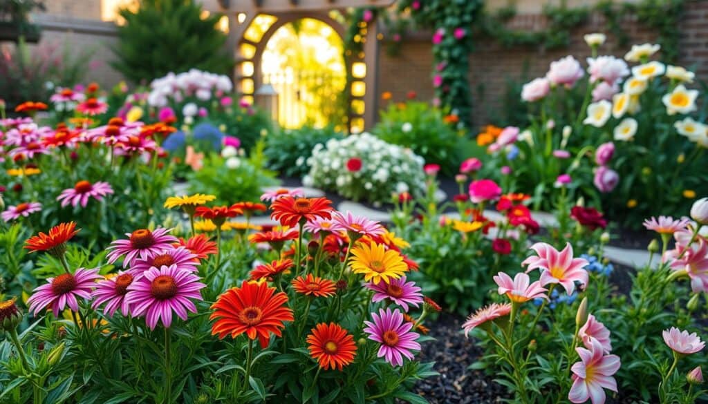 A vibrant perennial garden in full bloom, showcasing a variety of colorful plants such as coneflowers, daylilies, and peonies. In the foreground, lush green foliage surrounds clusters of bright flowers, drawing attention to their intricate petals and rich hues. The middle ground features a well-maintained flower bed with mulch and edging stones, indicating careful maintenance. In the background, a sunlit trellis, adorned with climbing vines, creates an inviting atmosphere. The scene is bathed in soft, warm natural light, highlighting the textures of the leaves and flowers. A slight depth of field effect brings focus to the blossoms while gently blurring the background. The mood is serene and peaceful, capturing the essence of a thriving home garden. A vibrant perennial garden in full bloom, showcasing a variety of colorful plants such as coneflowers, daylilies, and peonies. In the foreground, lush green foliage surrounds clusters of bright flowers, drawing attention to their intricate petals and rich hues. The middle ground features a well-maintained flower bed with mulch and edging stones, indicating careful maintenance. In the background, a sunlit trellis, adorned with climbing vines, creates an inviting atmosphere. The scene is bathed in soft, warm natural light, highlighting the textures of the leaves and flowers. A slight depth of field effect brings focus to the blossoms while gently blurring the background. The mood is serene and peaceful, capturing the essence of a thriving home garden.